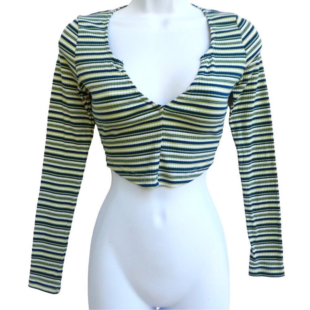 Motel Rocks Striped Knit Top Plunging Neck Long Sleeve Green Navy White S